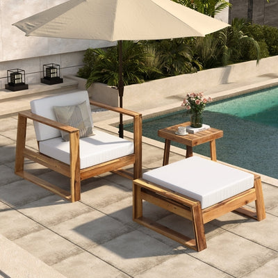 Acacia Wood Outdoor Lounge Set - Chair & Ottoman, Perfect for Patios,