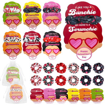 24 Sets Valentines Day Hair Scrunchies Galentines Day Scrunchies Set Include 24 Heart Hair Scrunchies 24 Valentines Day Cards 24 Organza Bags Valentine Gift for School Classroom Party Supplies