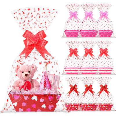 12 Sets Valentines Day Gift Basket Empty with Heart Printed Cellophane Basket Bags Cardboard Valentine Gift Basket Empty to Fill with Bows Ribbons for Valentine’s Day Wedding Anniversary Party