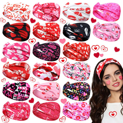 20 Pcs Valentines Day Heart Headband Valentine Headbands for Women Elastic Non Slip Hair Accessories Bulk Heart Pattern Valentine Hairband for Women Girl