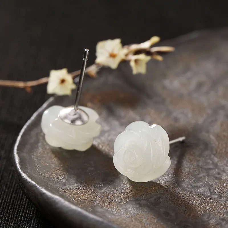 S925 Silver White Rose Jade Stud Earrings for Women
