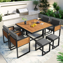 9-Pieces Acacia Wood Patio Dining Set, Space Saving Outdoor Patio Set,