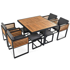 9-Pieces Acacia Wood Patio Dining Set, Space Saving Outdoor Patio Set,